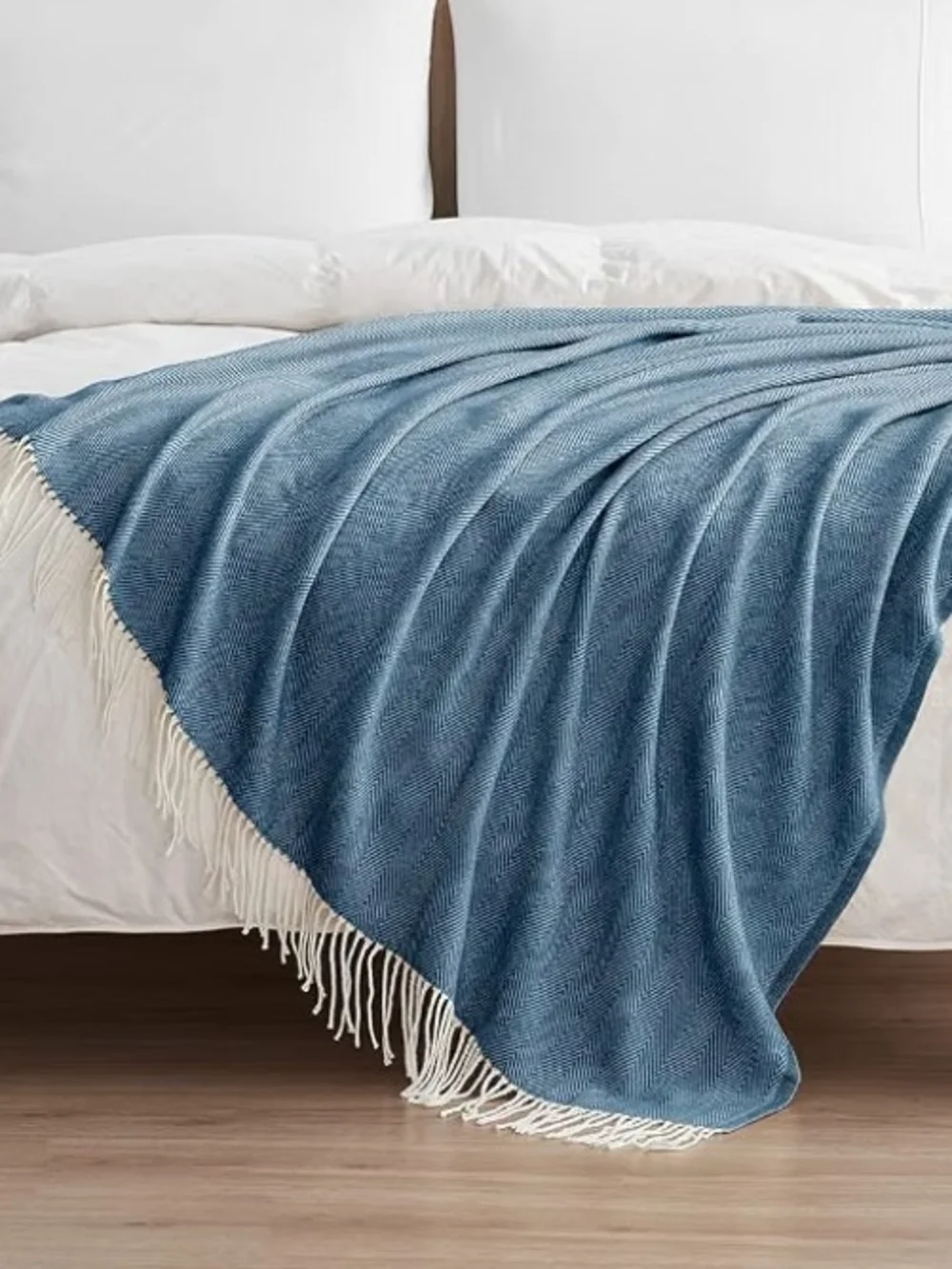 Navy Blue Herringbone Lightweight Sift Fringe Throw Blanket 50 X 60